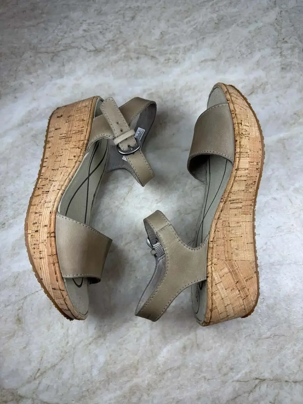 Eddie Bauer Kara Cork Wedge Sandals Taupe Leather Ankle Strap Women 6.5